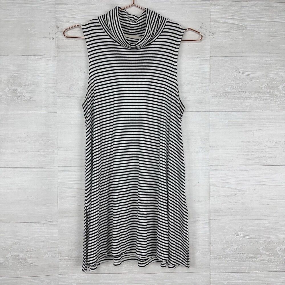 Anthropologie Puella Turtleneck Tunic Top L Black White Stripe Sleeveless Ribbed